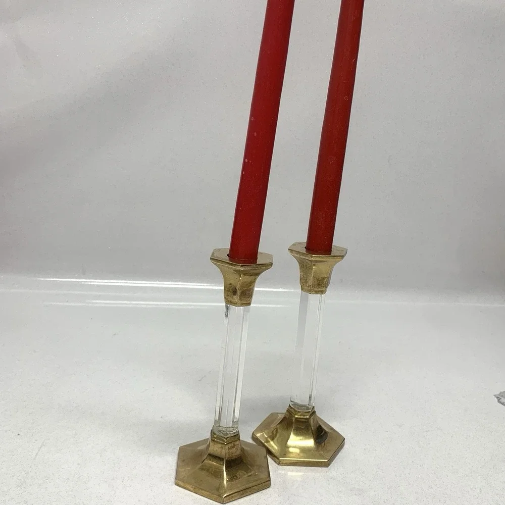 Vintage Party Lite Brass Lucite Candlestick Holders Pair 7" Romantic READ - Picture 2 of 16